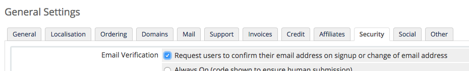 Enable email verification in general settings