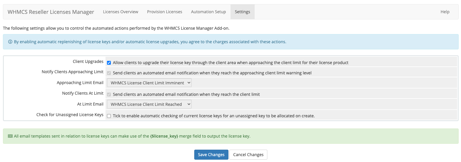 WHMCS Licenses Settings