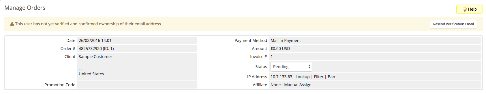 Manage orders client verification status