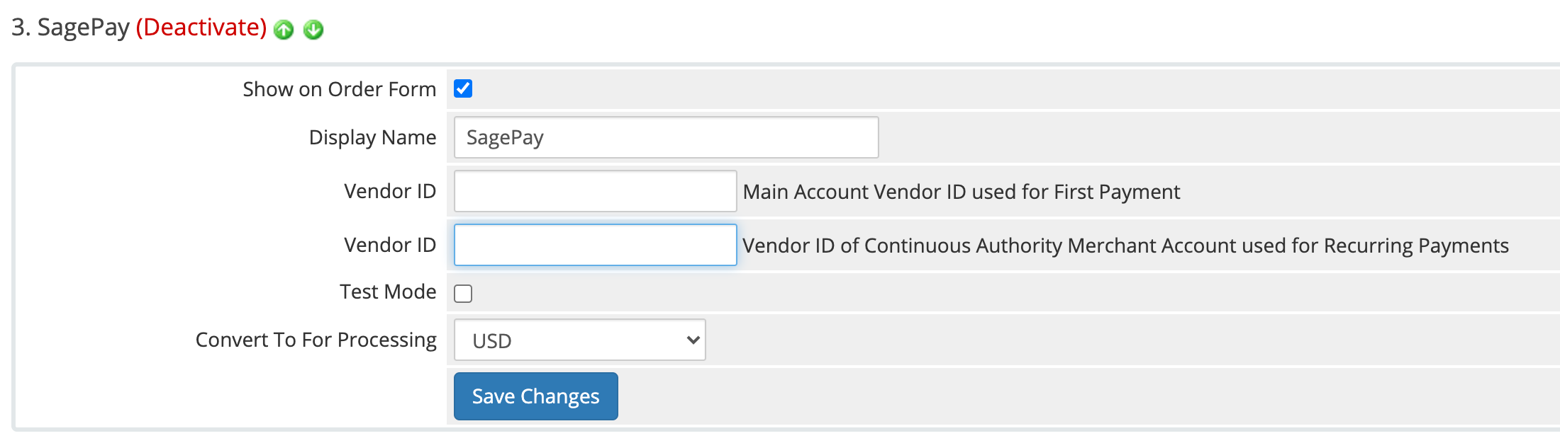 SagePay Configuration